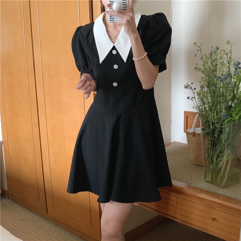 SUXI Đầm Tay Ngắn Màu Sắc Trơn Phong Cách Vintage Hàn Quốc