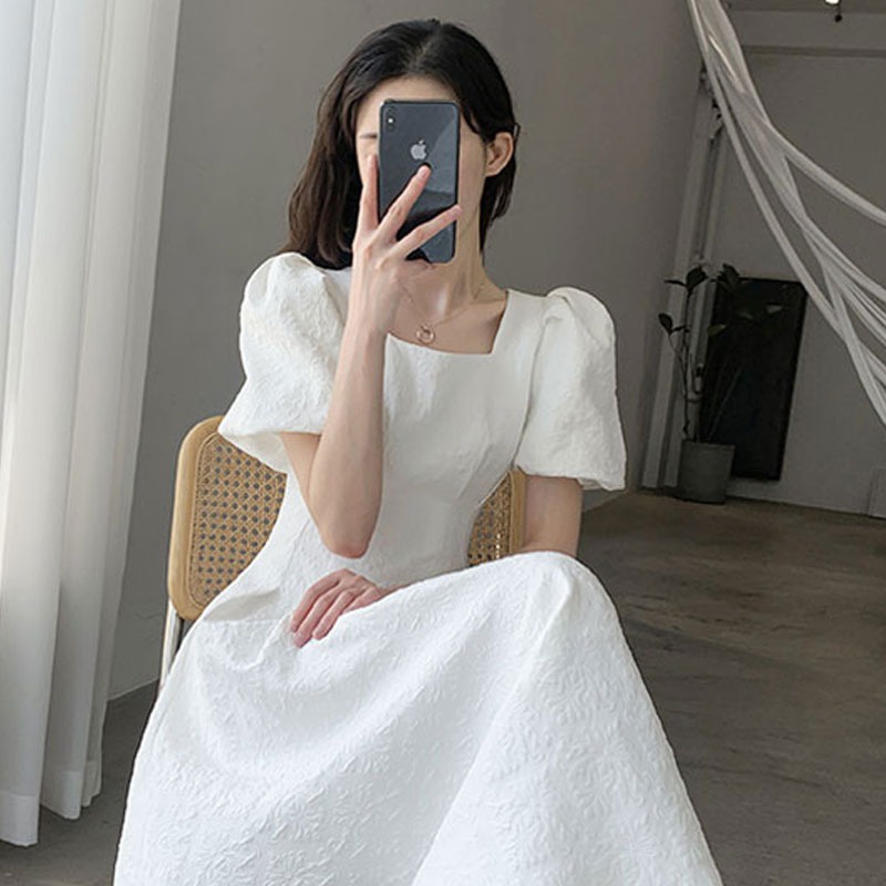 Đầm Cổ Vuông Dự Tiệc Midi Dáng Dài Tay Phồng Tiểu Thư Thanh Lịch