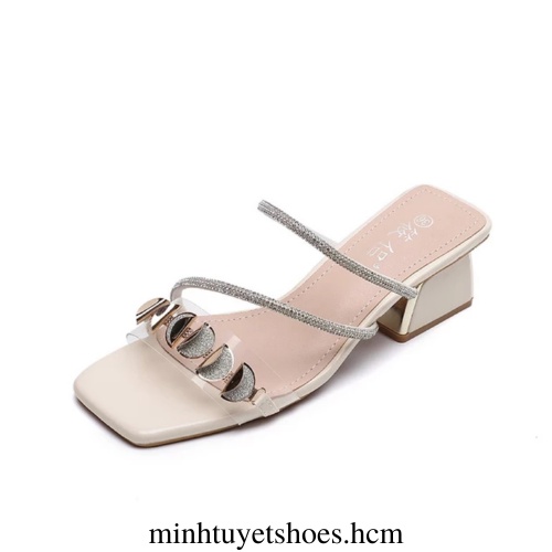 Cao Gót Nữ 5 Phân Đính Đá Đẹp Tiểu Thư Sang Chảnh gót vuông hở mũi quai ngang mảnh Hot MÃ CG01  MINHTUYETSHOES