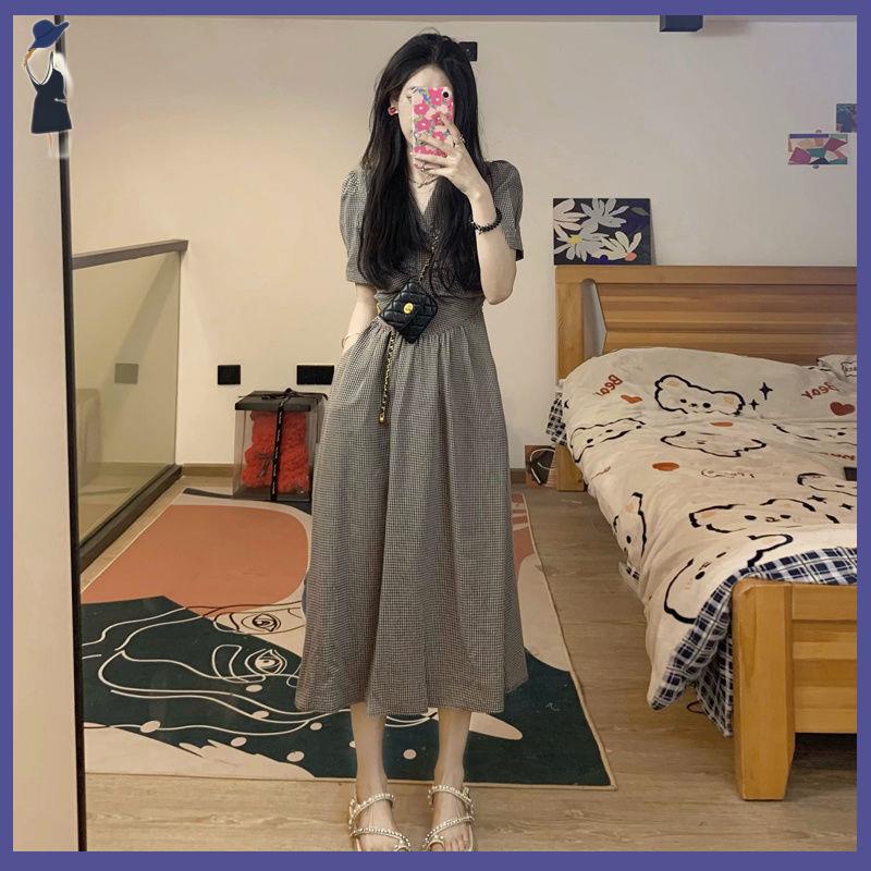 váy babydoll Đầm Ngắn Tay Cổ Chữ V Họa Tiết Kẻ Sọc Thời Trang Mùa Hè Mới 2022