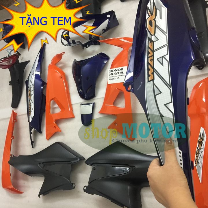 Dàn áo xe Wave S100, Wave RS, Wave Anpha [ĐẦY ĐỦ TEM XE]-màu TÍM CAM REPSOL cho xe đời 2006 đến 2016