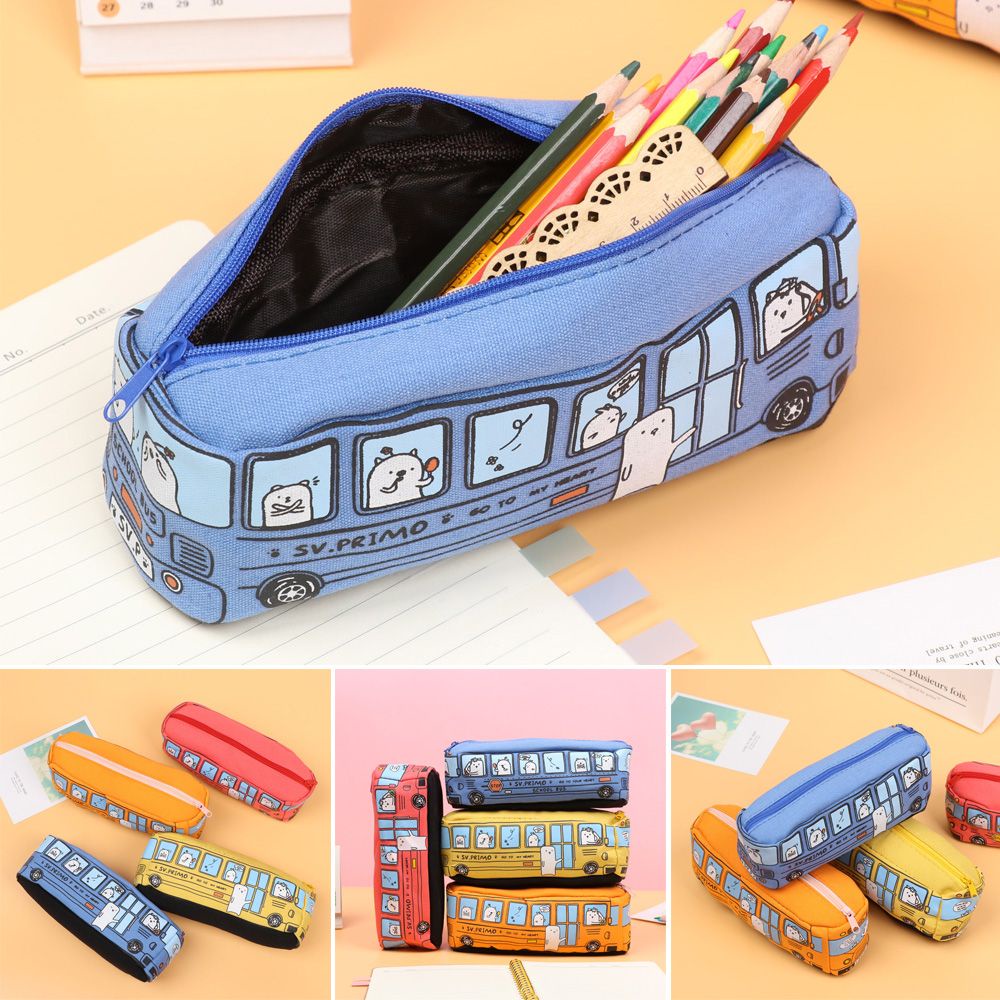 Túi Đựng Bút Bằng Vải Canvas In Hình Xe Buýt Hoạt Hình Nhiều Màu Sức Chứa Lớn Tiện Dụng Cho Học Sinh