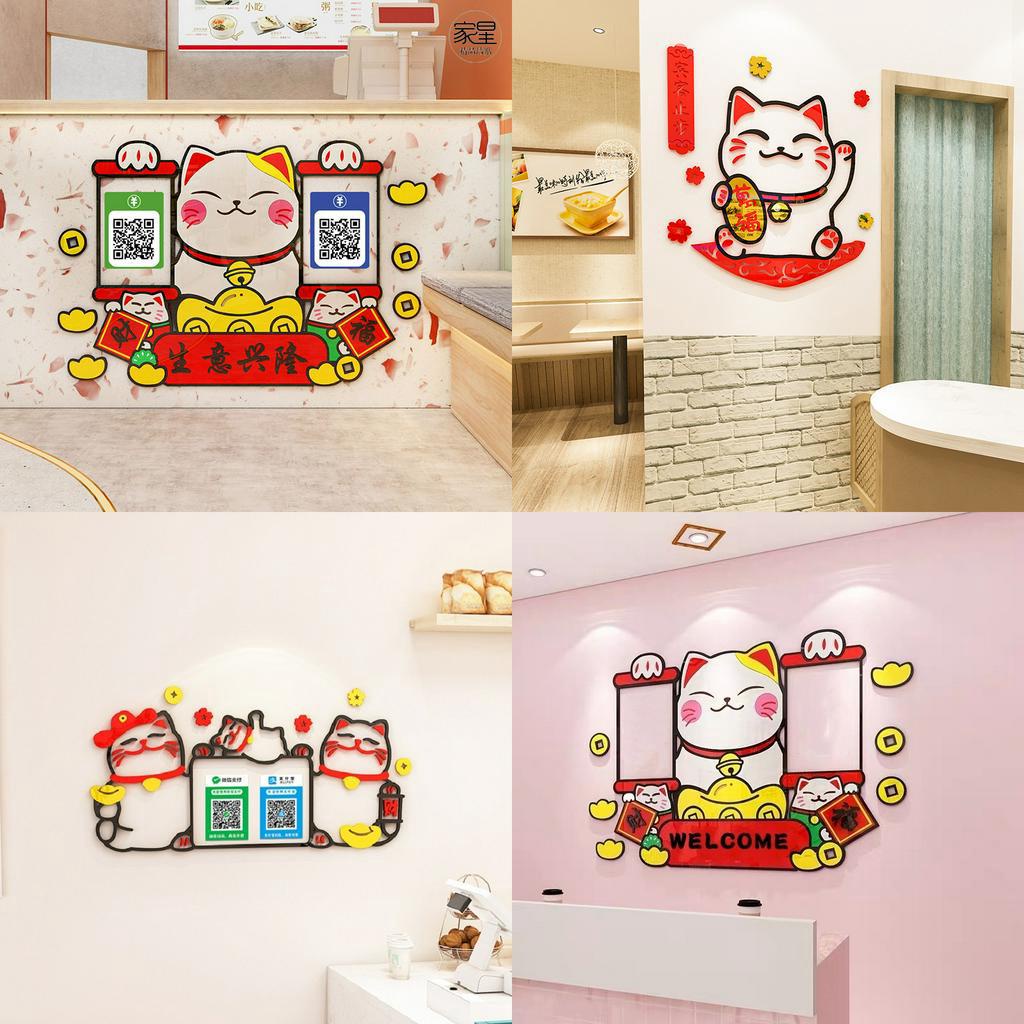 Tranh mica 3d dán tường các mẫu tranh mèo thần tài trang trí cửa, quầy tính tiền, cửa hàng