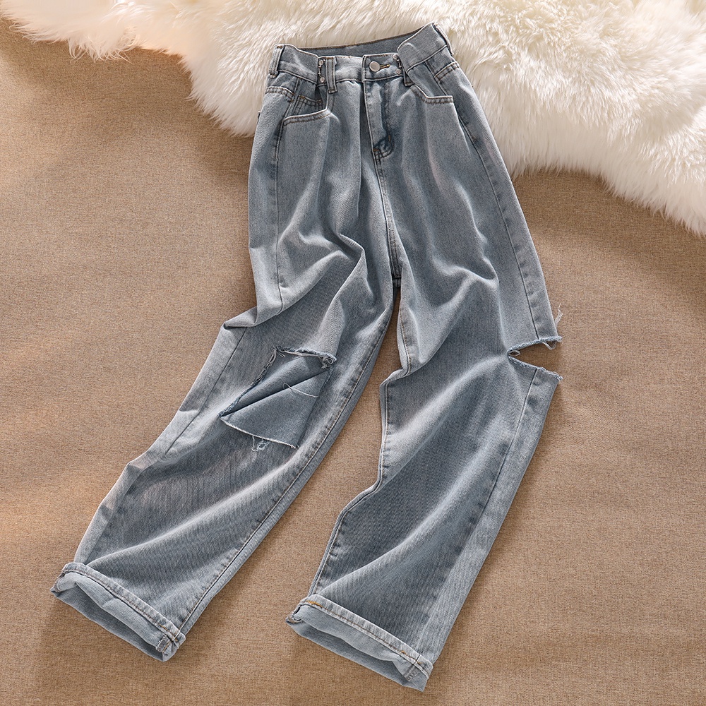 NUZIRO  Quần Jeans Dài Rách Gối Thời Trang Dành Cho Nữ