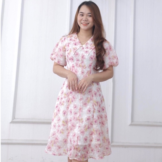Váy hoa tay bồng cổ tim big size và cho con bú đến 70kg