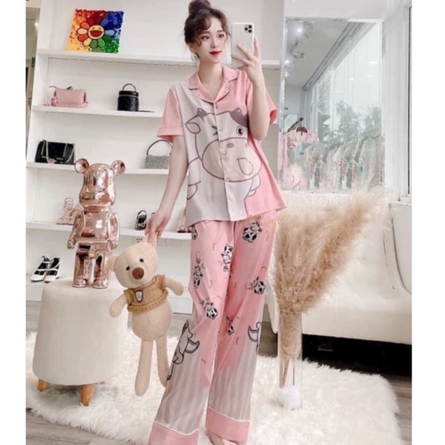 pijama lụa xước tay ngắn cao cấp quảng châu bò sữa