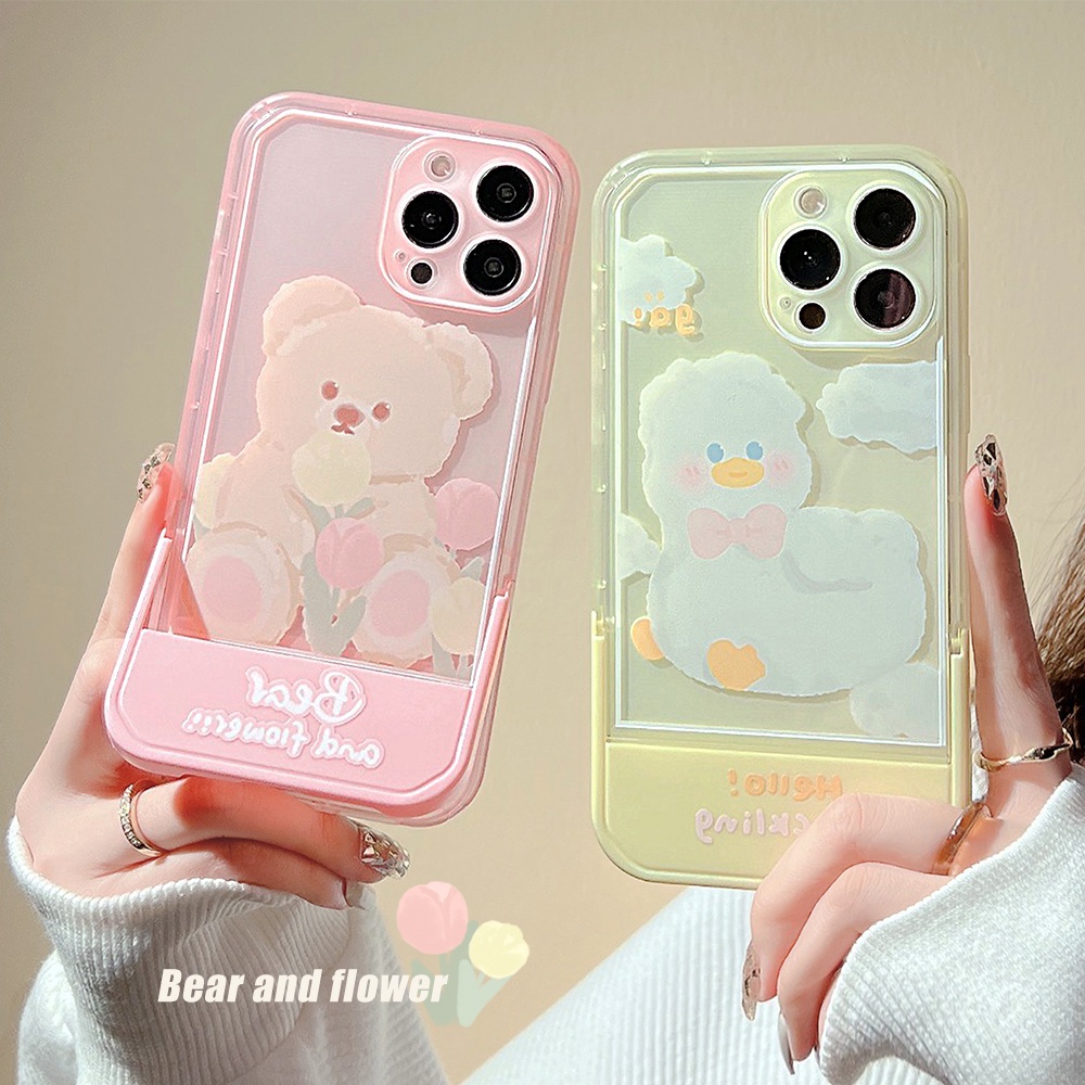 Casing For IPhone 13 12 11 7 8 Plus X Xs Xr Pro Max 7+ 8+ SE 2020 Xsmax Promax 13Promax 12Promax 11Promax Stand Cute Cartoon Flower Bear Duck Invisible folding bracket couple friends Phone Back Case Cover TX 03