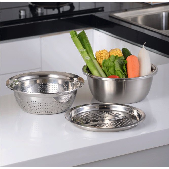 THAU RỔ BÀO RAU CỦ - BỘ THAU RỔ BÀO RAU CỦ INOX 304 KHÔNG RỈ 3 MÓN SIÊU BỀN [RỔ 3]