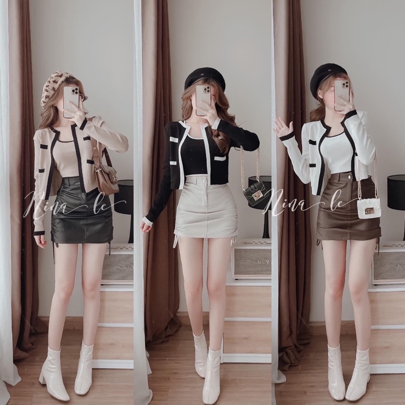 Áo len phối áo khoác viền + chân váy da rút mẫu chị Nina Lê ✨Shop Lotus✨