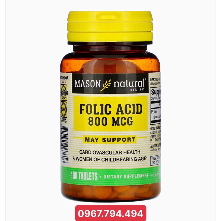 Folic acid 800mcg mason natural tốt cho bà bầu