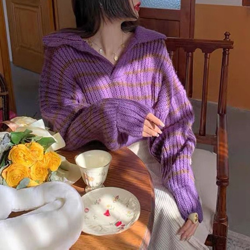 Áo sweater NZN dệt kim cổ bẻ dáng rộng họa tiết kẻ sọc thời trang thu đông mới dành cho nữ