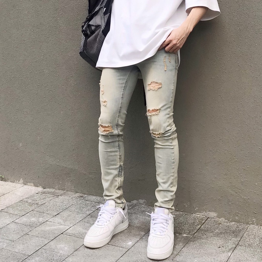 Quần jean nam streetwear cao cấp FNOS Z17 màu xanh wash bụi form slimfit có zip jean co giãn | BigBuy360 - bigbuy360.vn