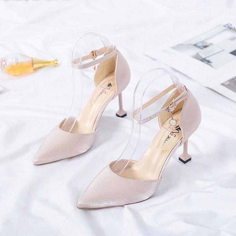 Giày Cao Gót Mũi Nhọn Cài Khóa Chất Liệu satin Màu Đỏ Rượu Thời Trang Quyến Rũ Cho Nữ