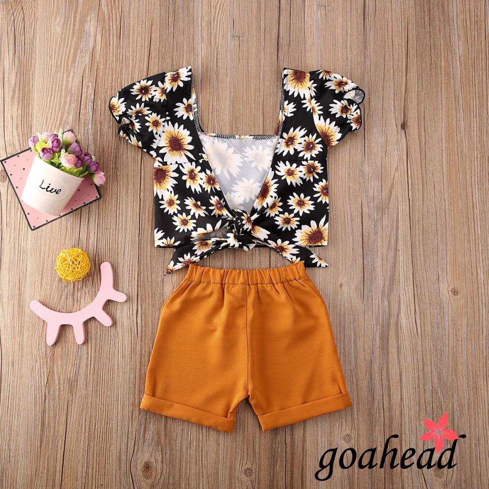 Set áo croptop họa tiết hoa cúc và quần short thời trang hè cho bé gái tập đi