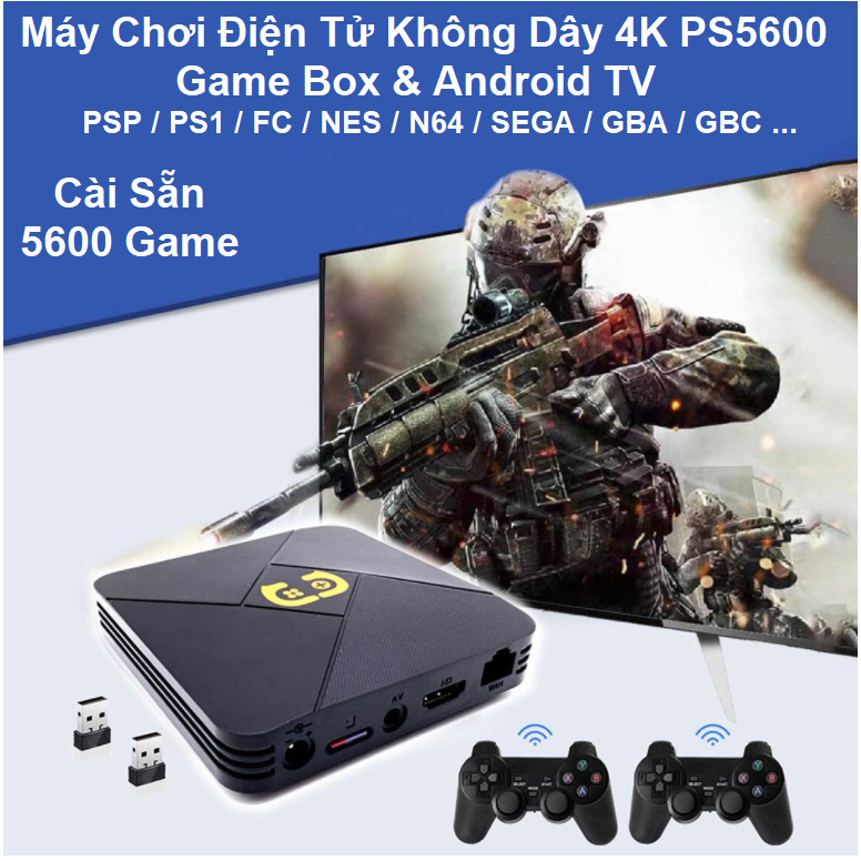 Máy Chơi Game Điện Tử 4 Nút PS 5600 - Android Tivi &amp; Game Box - Kết Nối Cổng HDMI - 4K - Kèm 2 Tay Cầm Không Dây Cao Cấp