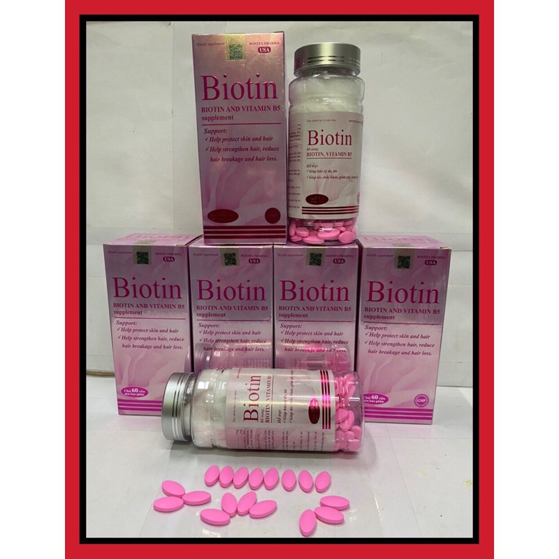 Viên uống BIOTIN bổ sung biotin+vitamin B5 giúp giảm rụng tóc, bảo vệ da, chắc móng – Hộp 60 viên