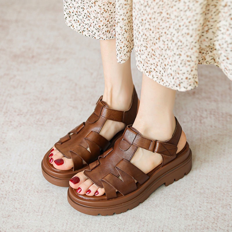 Giày Sandal Da Đế Dày Mềm Mại Phong Cách Retro Thời Trang Cho Nữ