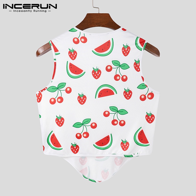 Áo không tay INCERUN họa tiết cherry xẻ tà thời trang trẻ trung cho nam