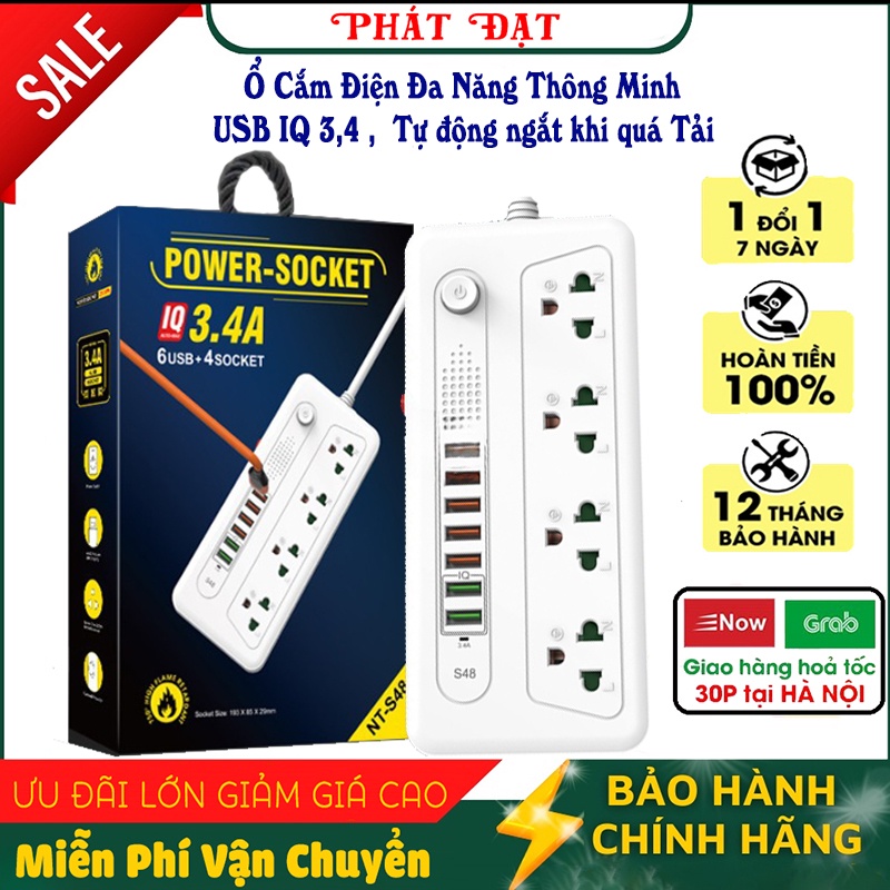 Ổ cắm điện đa năng, ổ điện thông minh POWER NT-S48 nhiều USB hỗ trợ sạc nhanh IQ 3.4A công suất 3000W