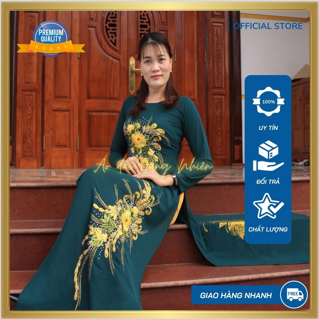 Áo dài nữ Trung niên - Chất liệu Tằm thêu phủ Kim tuyến - May sẵn, thiết kế đẹp - Sang trọng