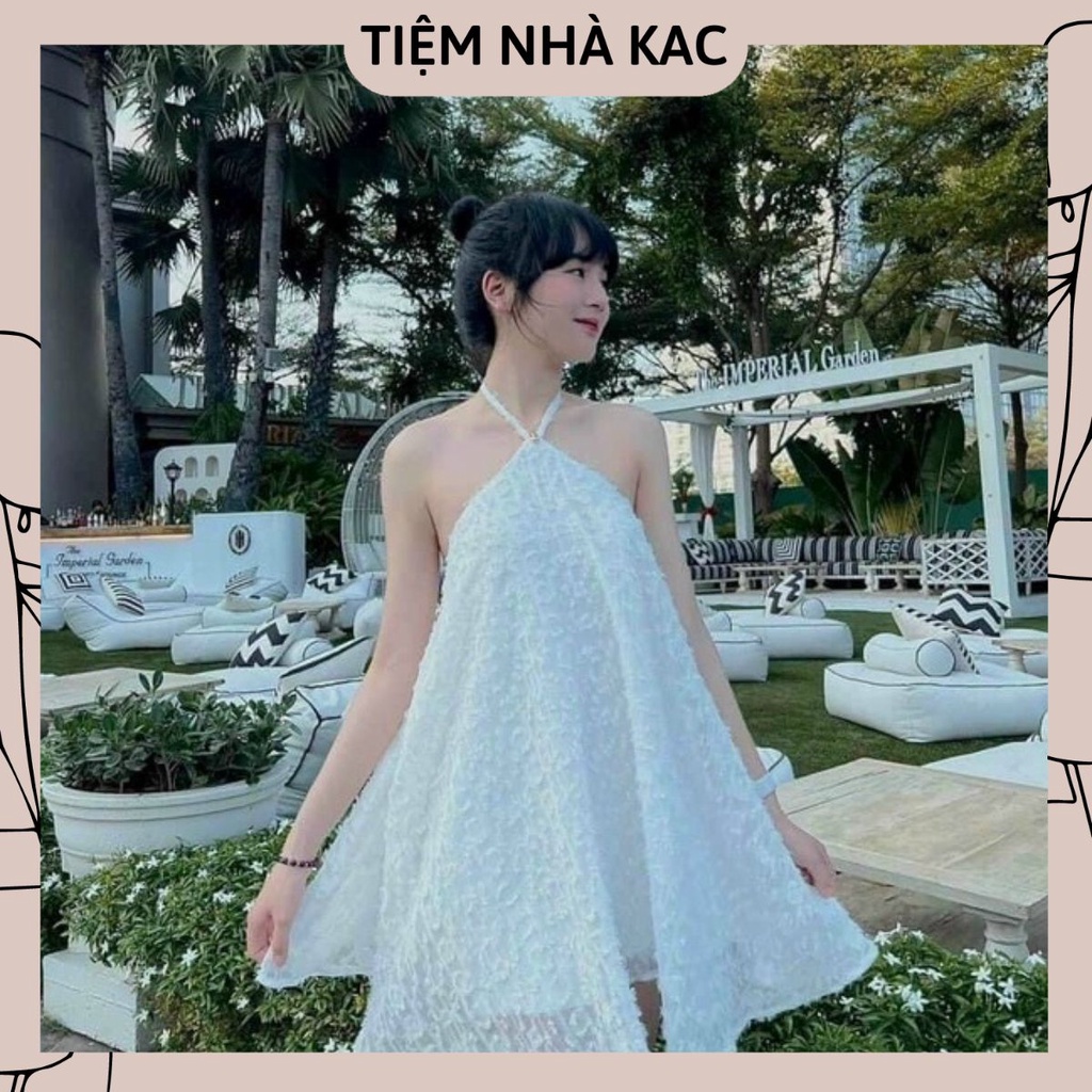 Đầm Váy Trắng Xinh Nữ Ren Bi Nổi Cổ Yếm Có Mút Ngực Dáng Xòe Ngắn, có sẵn Tiệm Nhà Kac