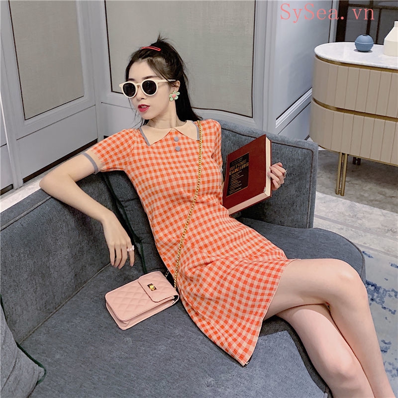 Đầm Dệt Kim Nữ Tay Ngắn Màu Cam Phong Cách Hàn Quốc