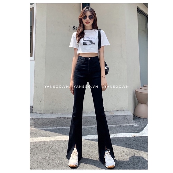 Quần jean ống loe xẻ gấu full cạp cao hách dáng , quần bò loe dài chất jean dày dặn co giãn tốt by YANSOO