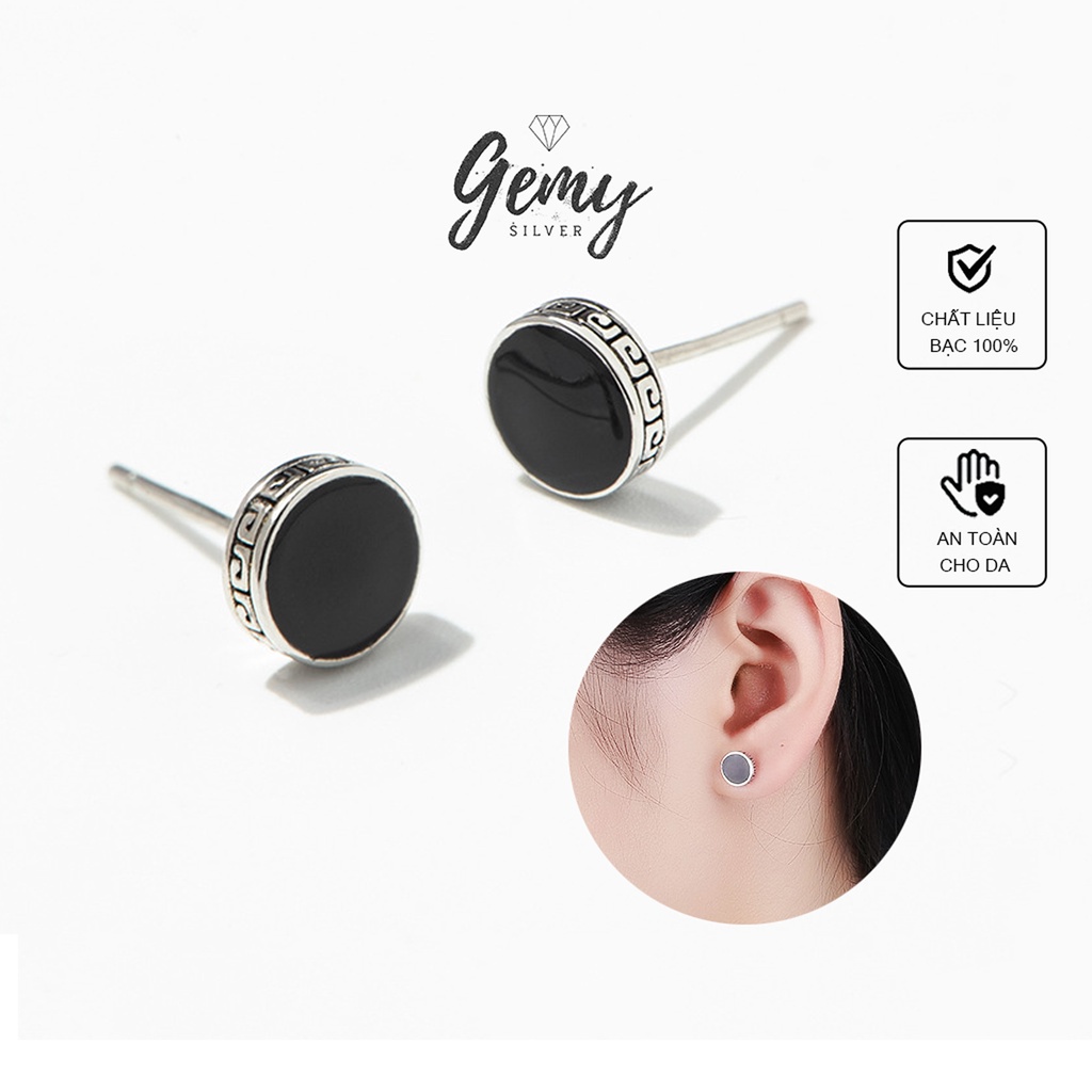 Khuyên tai nam tròn bạc 925 xi bạch kim mặt đen Black Knight, unisex (1 chiếc)| GEMY SILVER KN33