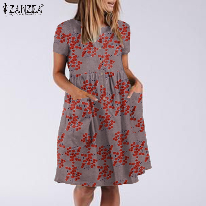 ZANZEA Đầm Tay Ngắn Cổ Tròn In Họa Tiết Hoa Phong Cách Bohemian Cổ Điển Thời Trang