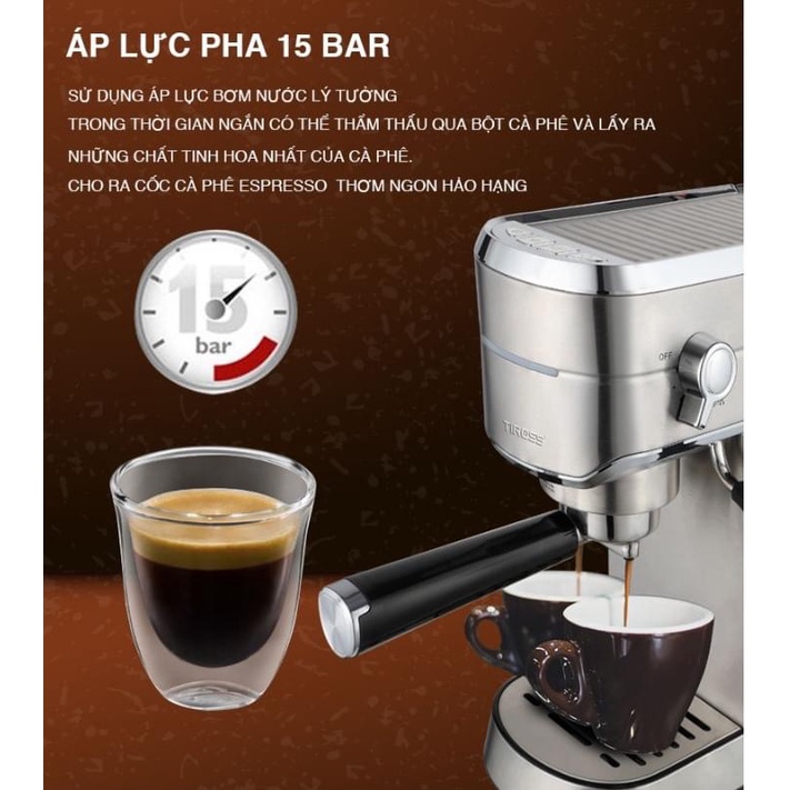 Máy pha cà phê Tiross TS6212, áp lực 15bar, công suất 1450w, bảo hành 12 tháng