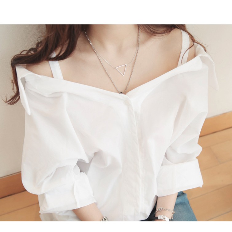 Áo trễ vai SUXI tay dài dáng rộng màu trắng thời trang cho nữ