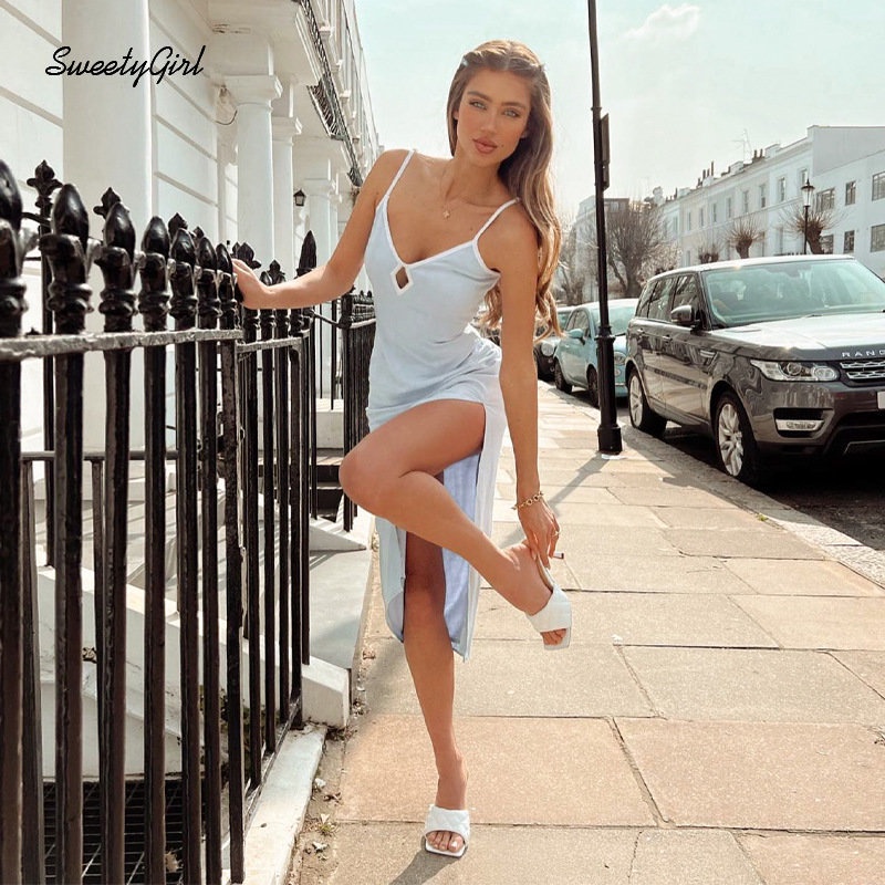 Đầm Maxi Không Tay Cổ Chữ V Khoét Sâu Eo Thấp Màu Hồng Tương Phản Thời Trang 2022 Cho Nữ