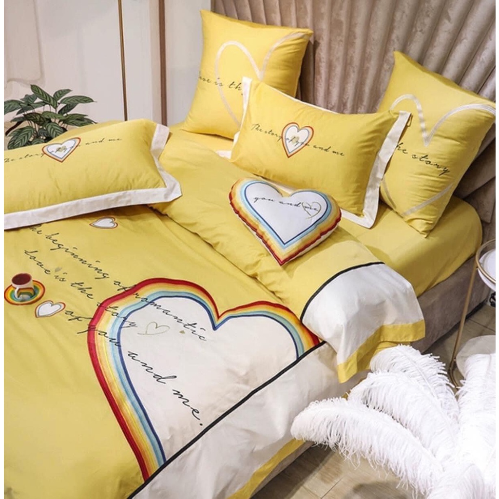 Set chăn ga gối cotton lụa thêu, Bộ 5 món ga gối mền cưới cao cấp màu vàng tặng vỏ gối ôm