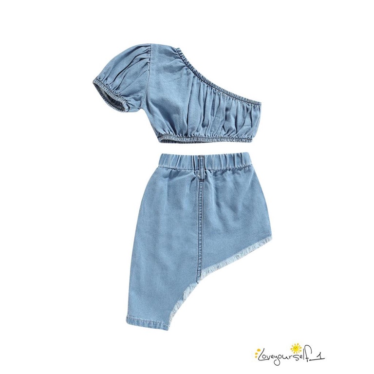 Set trang phục áo denim trễ vai tay ngắn + chân váy vạt lệch màu sắc thời trang cho bé gái