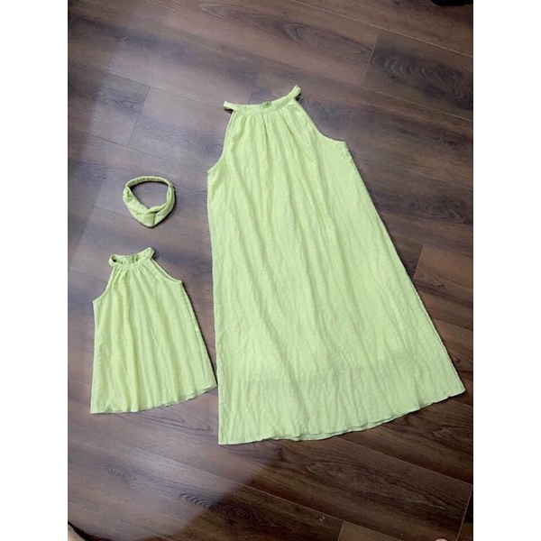 Đầm Maxi Xanh cốm Đi Biển, Đầm Đôi Mẹ Bé