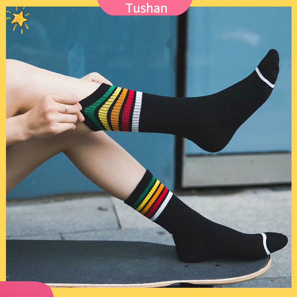TUSH Unisex Fashion Cotton Rainbow Striped Print Elastic Sport Middle Tube Crew Socks