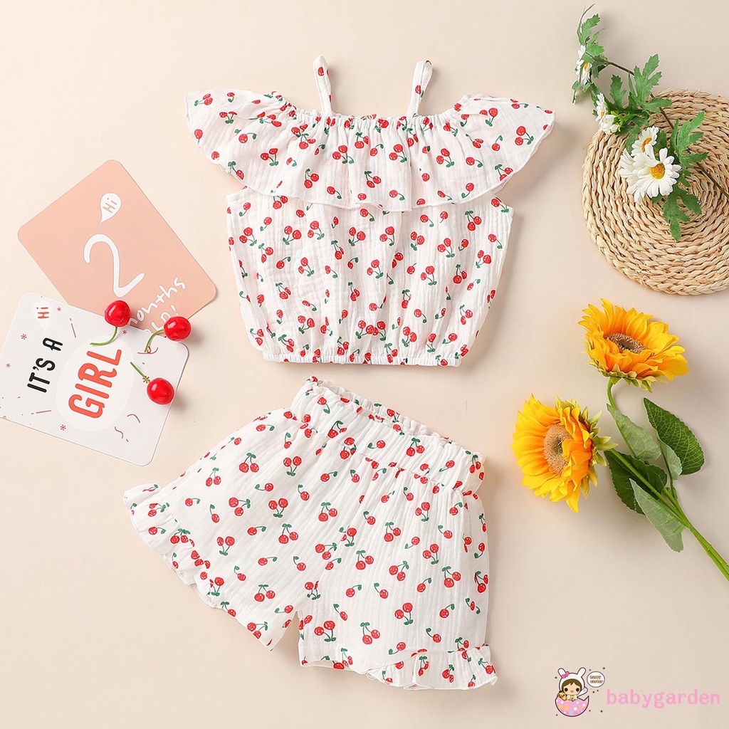Bộ Áo Trễ Vai Không Tay In Hình Quả Cherry + Quần Short Trắng / Xanh Dương / Hồng Dành Cho Bé Gái 1-5 Tuổi