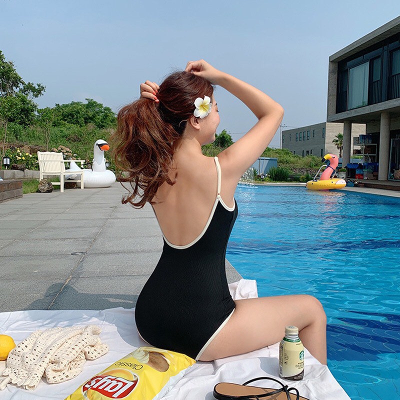 [LOẠI ĐẸP + FORM CHUẨN] Set bikini 1 mảnh, Bodysuit đen viền trắng khoét lưng baby | WebRaoVat - webraovat.net.vn