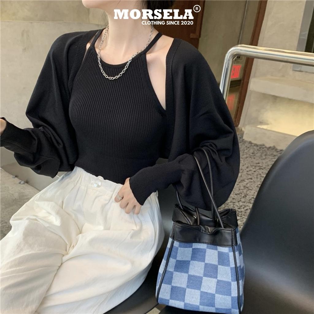 MORSELA® chính hãng - Set áo croptop nữ tay dài cổ yếm GEO kèm áo khoác ngoài cardigan phong cách Hàn Quốc