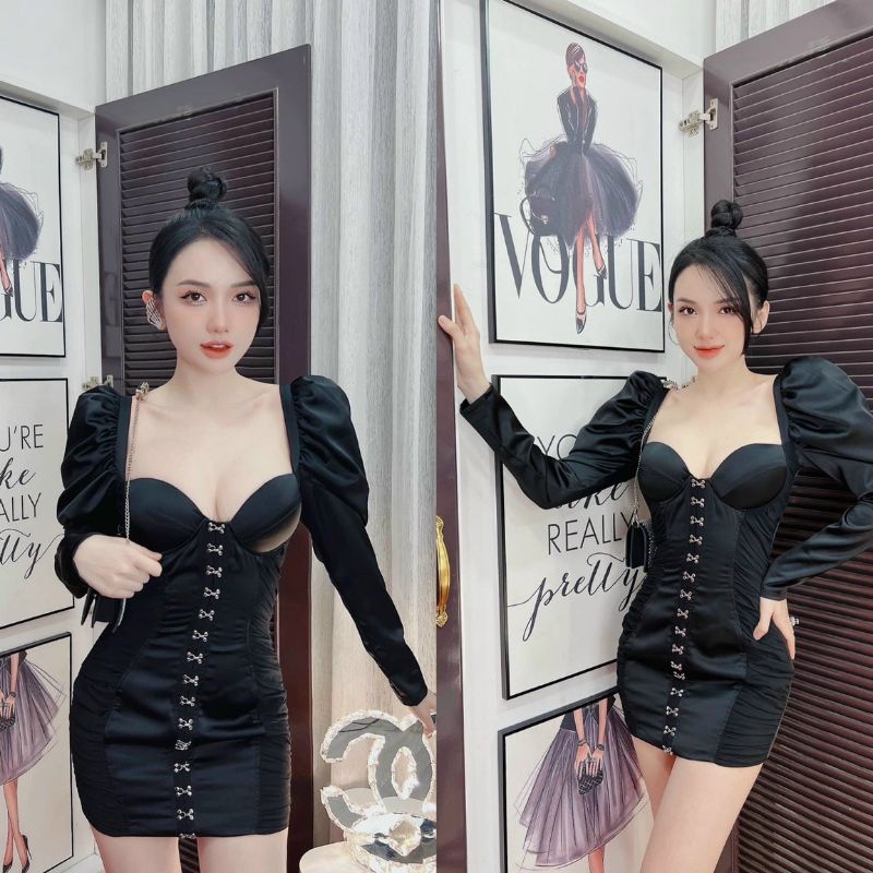Đầm body cúp ngực tay phồng