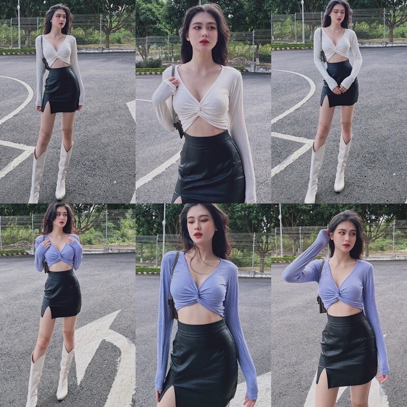 Áo Thun Kiểu Xoắn Ngực Tay Dài, áo croptop tay dài thời trang nữ A2171