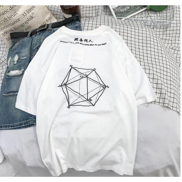 [ Ảnh thật ] Áo thun tay lỡ phông rộng họa tiết in lục giác hình học - Unisex nam nữ đều mặc được