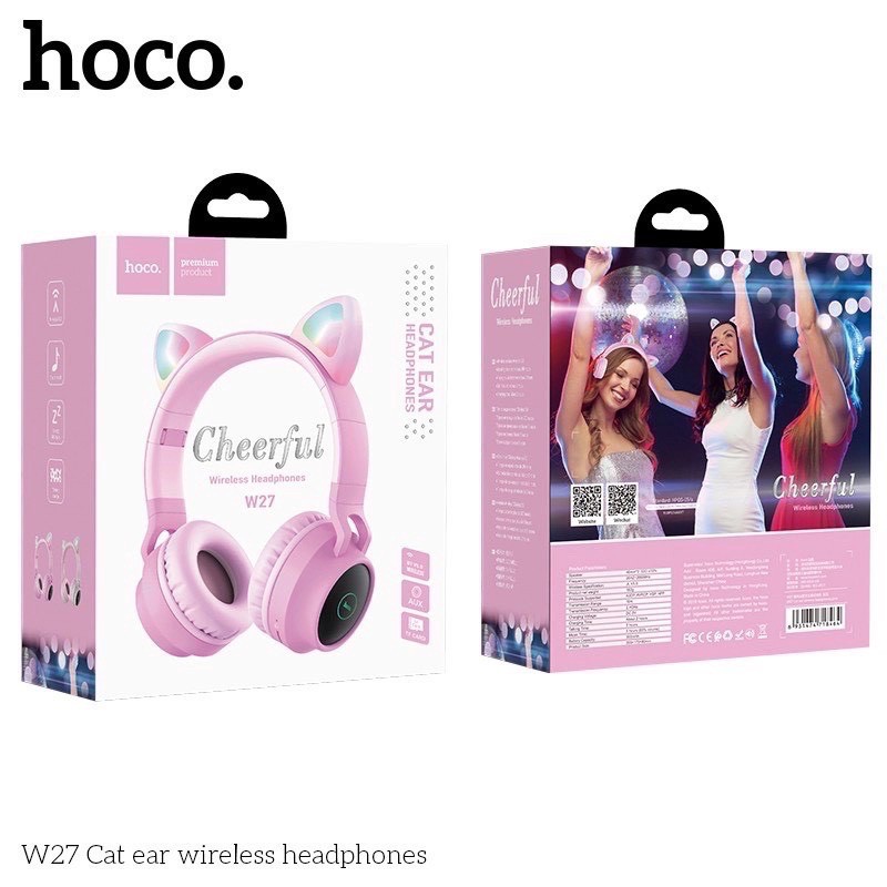 ✔CHÍNH HÃNG✔TAI NGHE CHỤP TAI BLUETOOTH KHÔNG DÂY SIÊU CUTE-Headphone bluetooth Tai Mèo phát sáng V5.0 Hoco W27 có mic