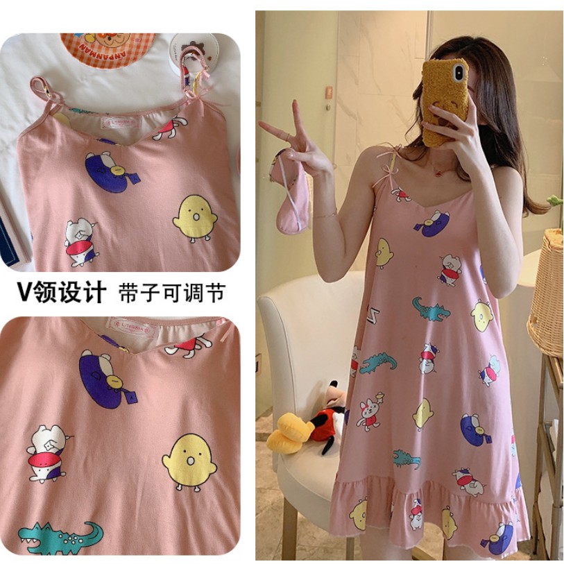 Váy ngủ 2 dây có đệm ngực mùa hè thun mềm mại dễ thương ( tặng kèm bịt mắt ) | BigBuy360 - bigbuy360.vn