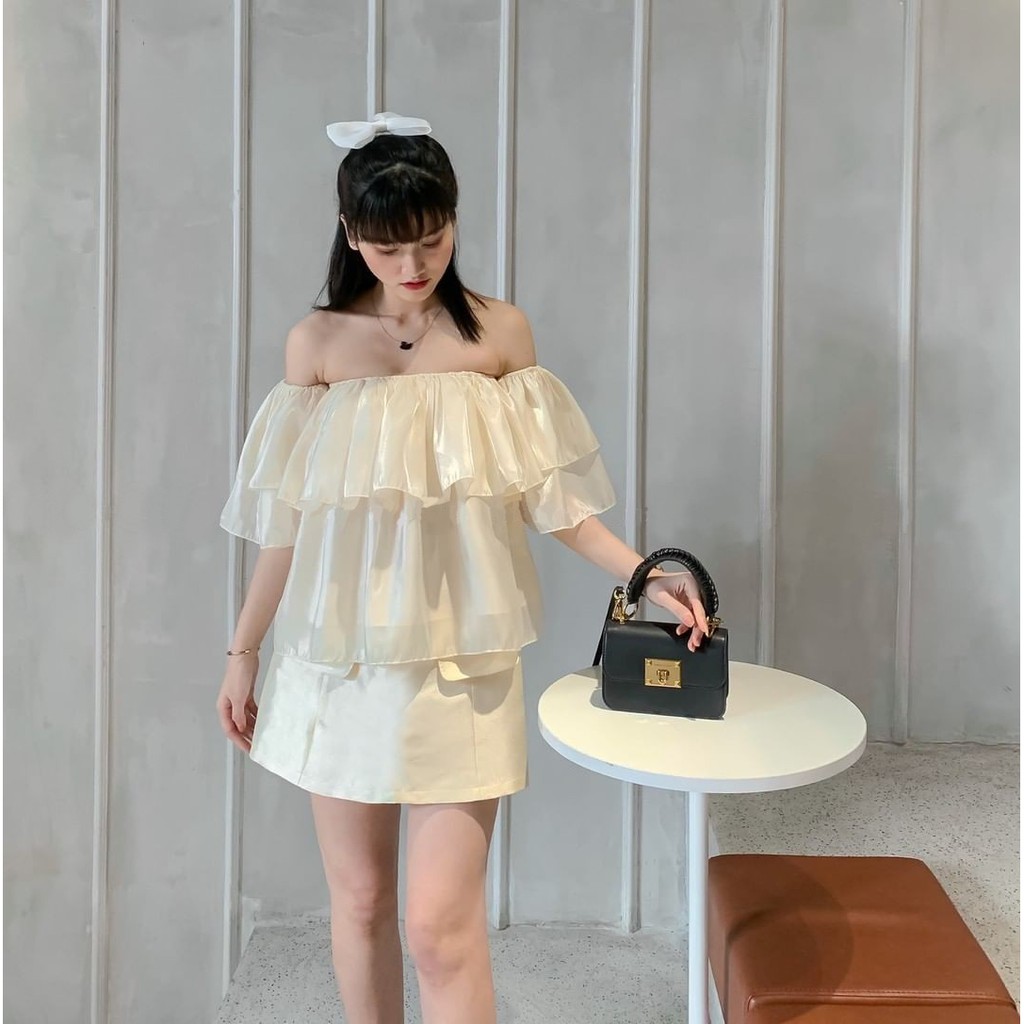 Áo bẹt vai tay phồng siêu xinh [2 lớp] Croptop trễ vai bánh bèo chất tơ ánh A-TA | BigBuy360 - bigbuy360.vn