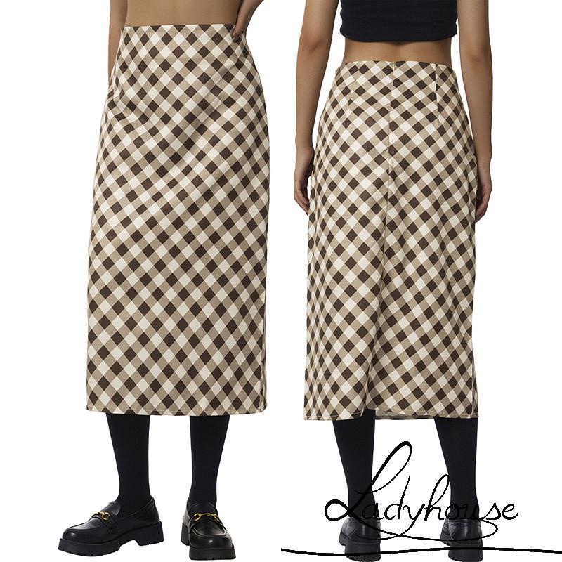 Chân váy dài lưng cao in họa tiết caro màu nâu thời trang size S/ M/ L cho nữ