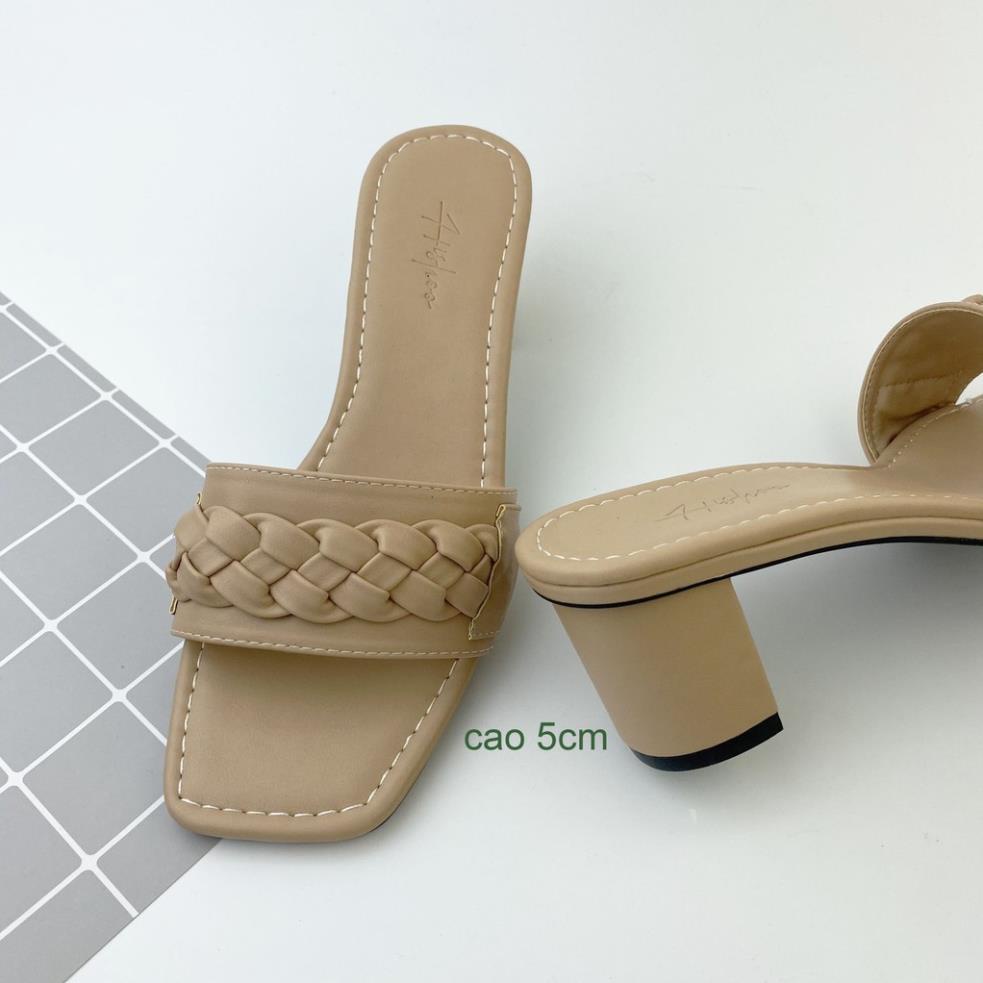 PA Dép cao gót nữ đế vuông dáng guốc sandal cao 5 phân quai ngang thời trang chính hãng HISHOO S054