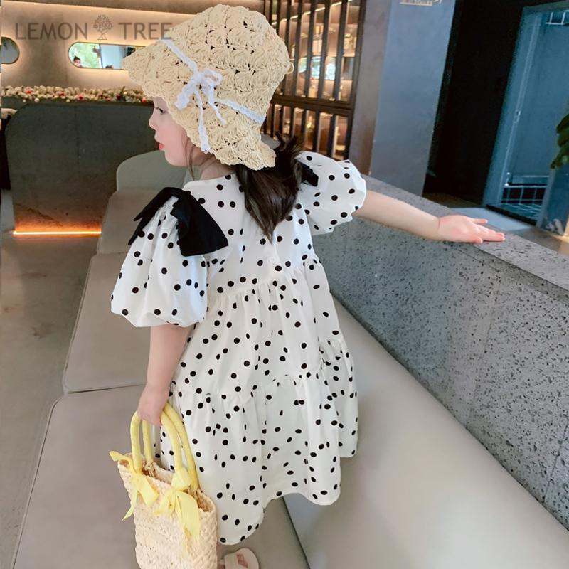 Girls' Dress Little Girl Korean Polka Dot Skirt Bow Children's Bubble Sleeve Short Sleeve Princess Skirt