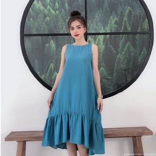 Đầm Nữ NHẬT VY Sát Nách Thắt Nơ Sau Lưng Chất Lụa Xước From Suông Chữ A Phối Đuôi Cá Màu Xanh,Trắng - D1465