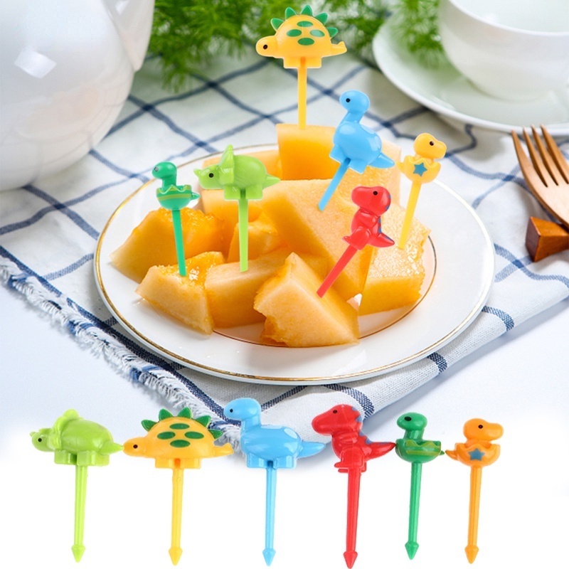 Set 6 Nĩa Ăn Trái Cây/Món Tráng Miệng Hình Khủng Long Hoạt Hình Mini Dành Cho Trẻ Em